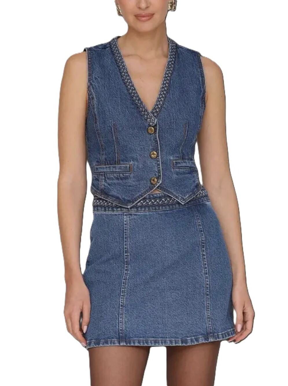 Avec Les Filles Women Blue Highside Wash Denim Braided Casual Trim Vest Size L